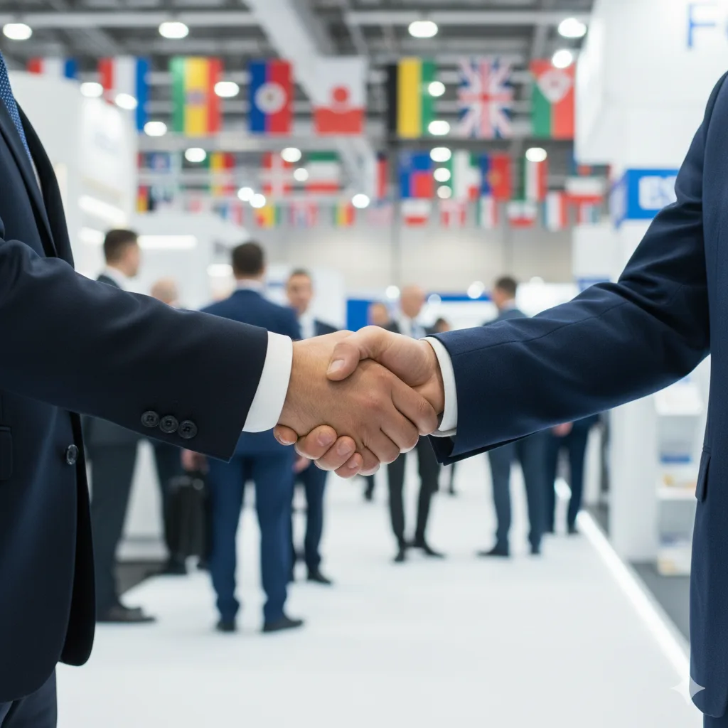 Hombre de negocios estrechando la mano en una feria internacional