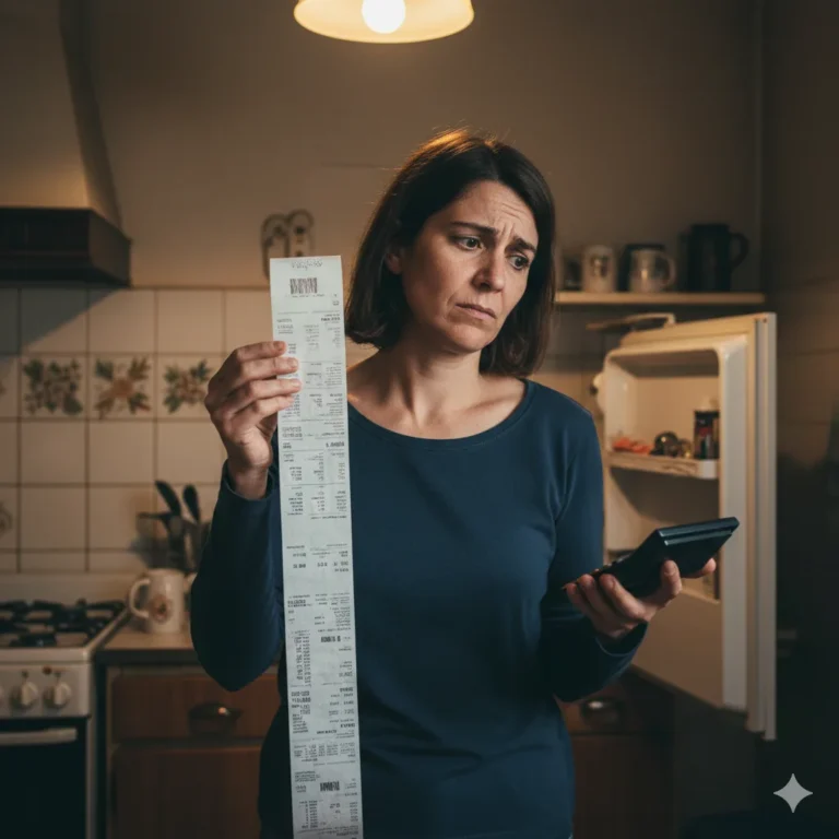 Persona comparando tickets de supermercado con cara de frustración