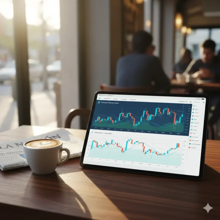 Tableta mostrando gráficos financieros complejos en un café porteño