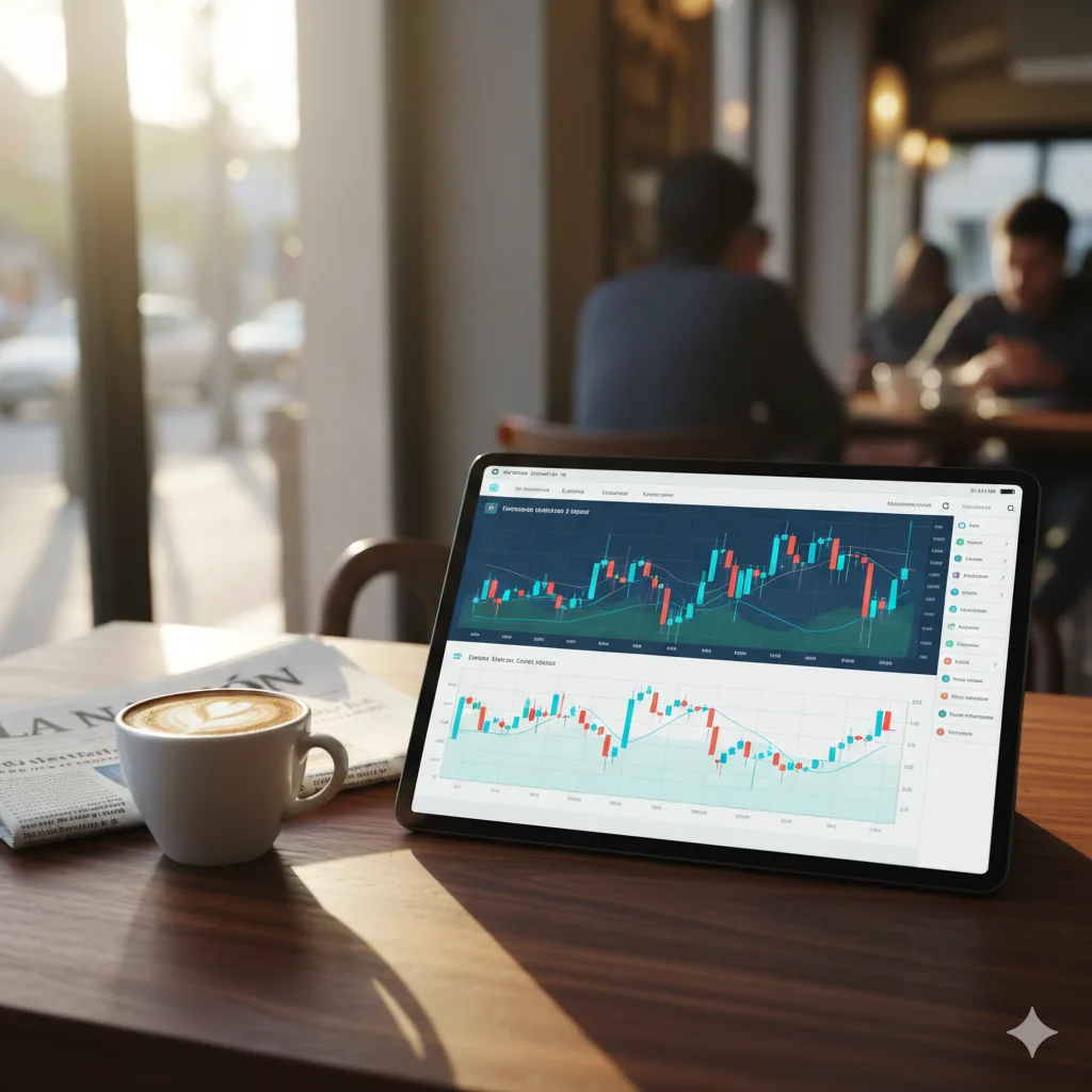 Tableta mostrando gráficos financieros complejos en un café porteño