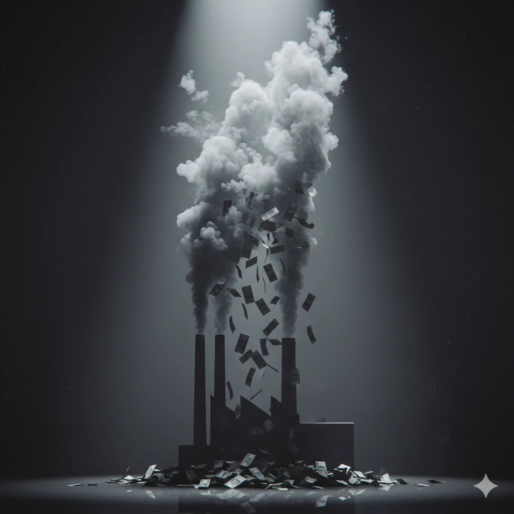 Maqueta de una fábrica echando humo con forma de billetes de peso