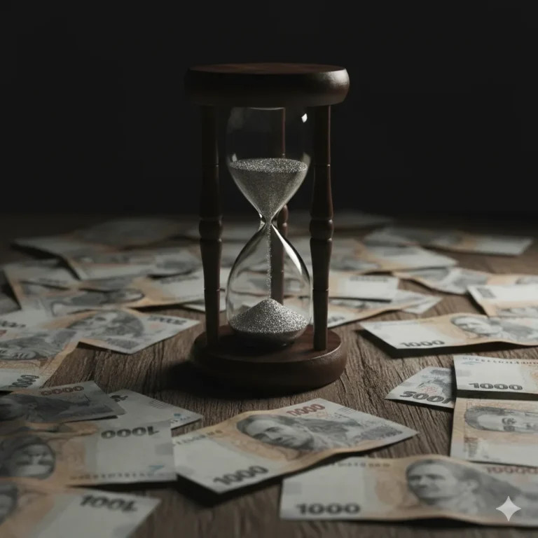 Reloj de arena con arena de color plateado sobre un fondo de billetes de pesos argentinos