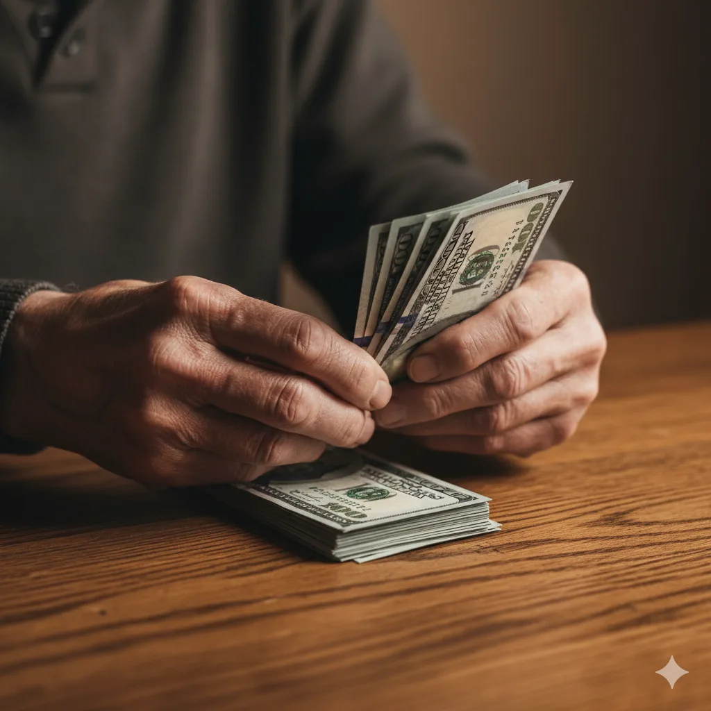 Persona mayor contando billetes de dólares viejos sobre una mesa de madera