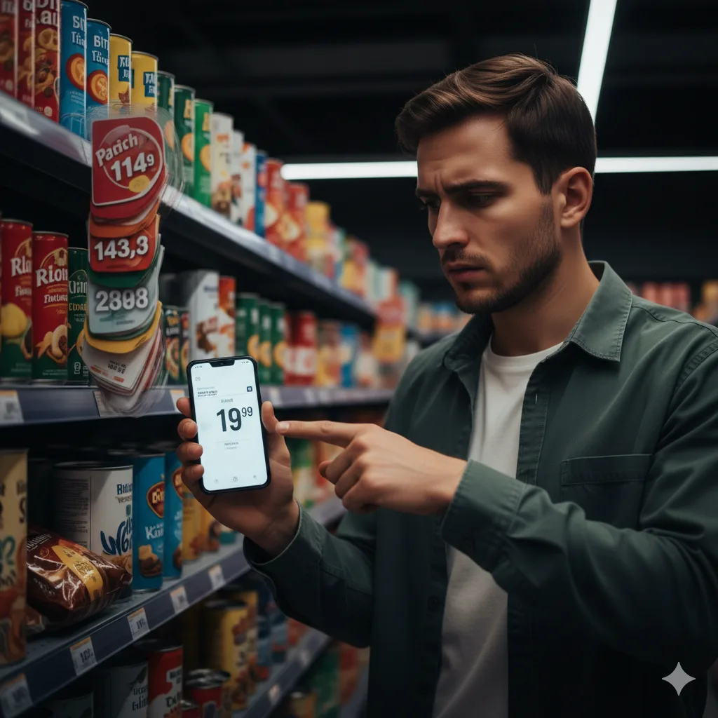 Persona preocupada comparando precios en un supermercado