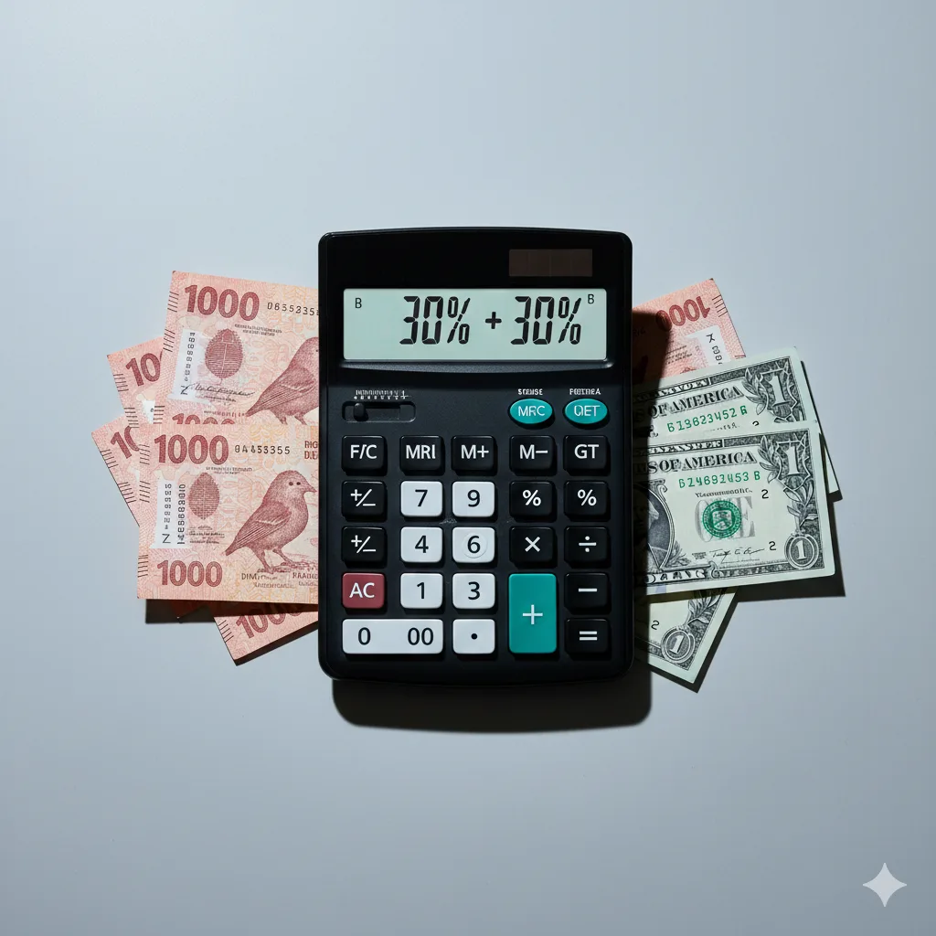 Calculadora sobre billetes de pesos y dólares