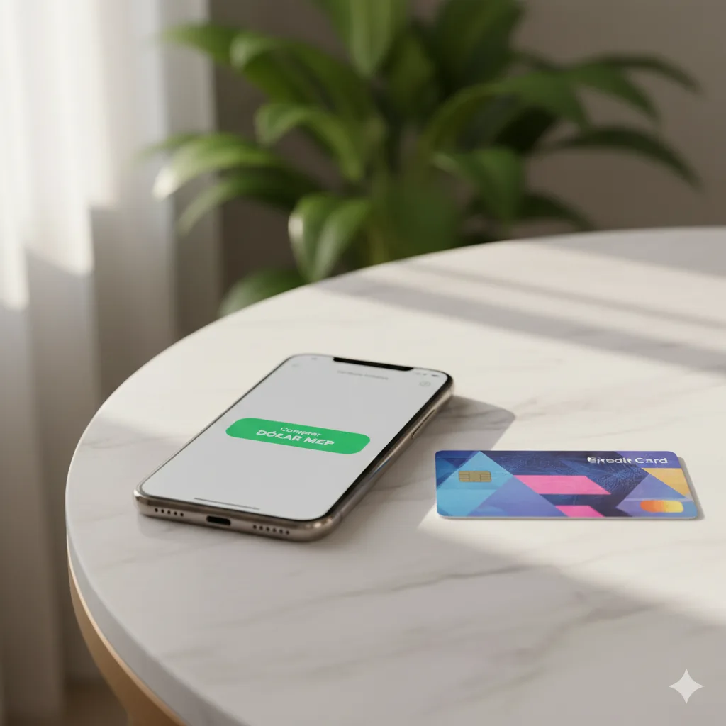 Smartphone mostrando app de inversiones y tarjeta física