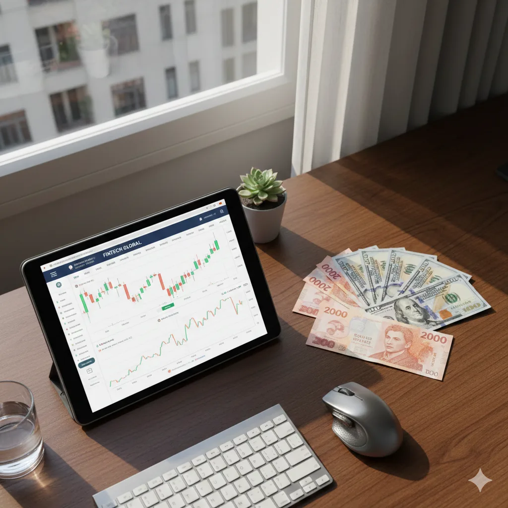 Persona revisando gráficos financieros en una tablet con billetes de pesos y dólares sobre la mesa