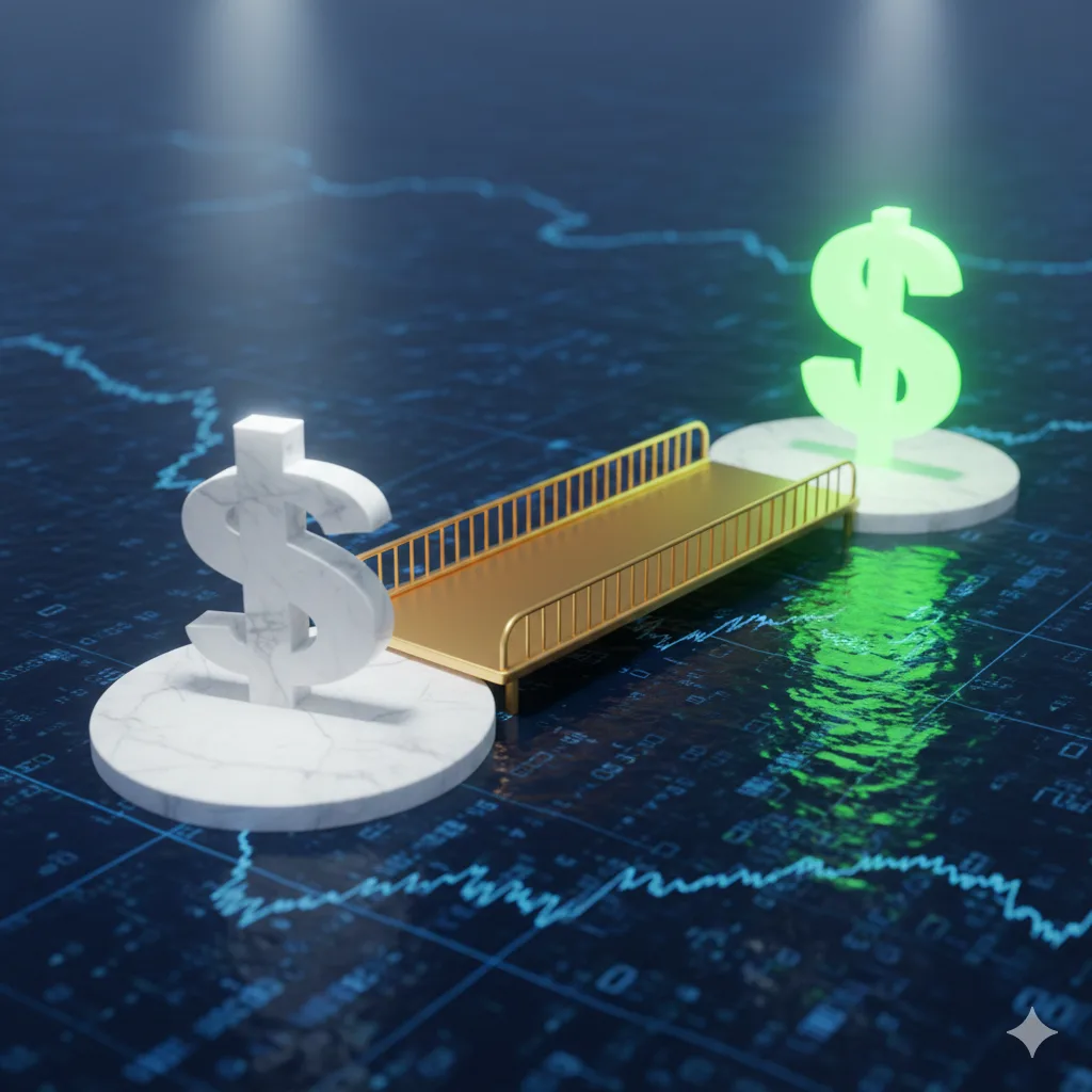 Ilustración conceptual de un puente que conecta un símbolo de pesos con uno de dólar sobre un mar de gráficos económicos