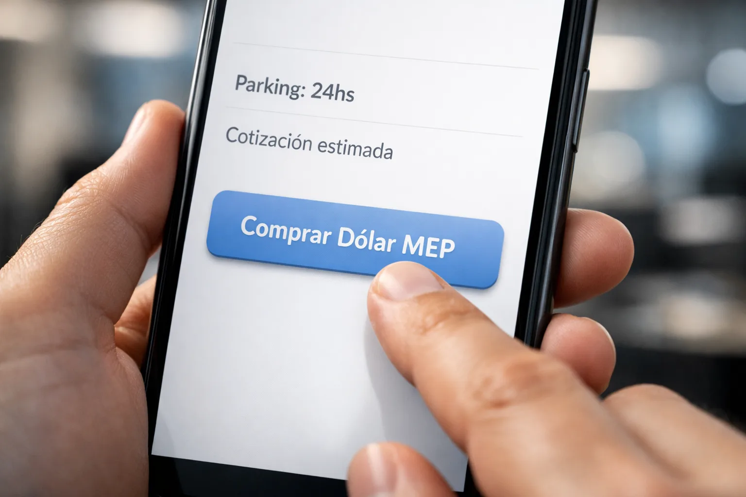 Captura de pantalla estilizada de una aplicación móvil de finanzas mostrando un botón de compra de dólar MEP con un diseño limpio