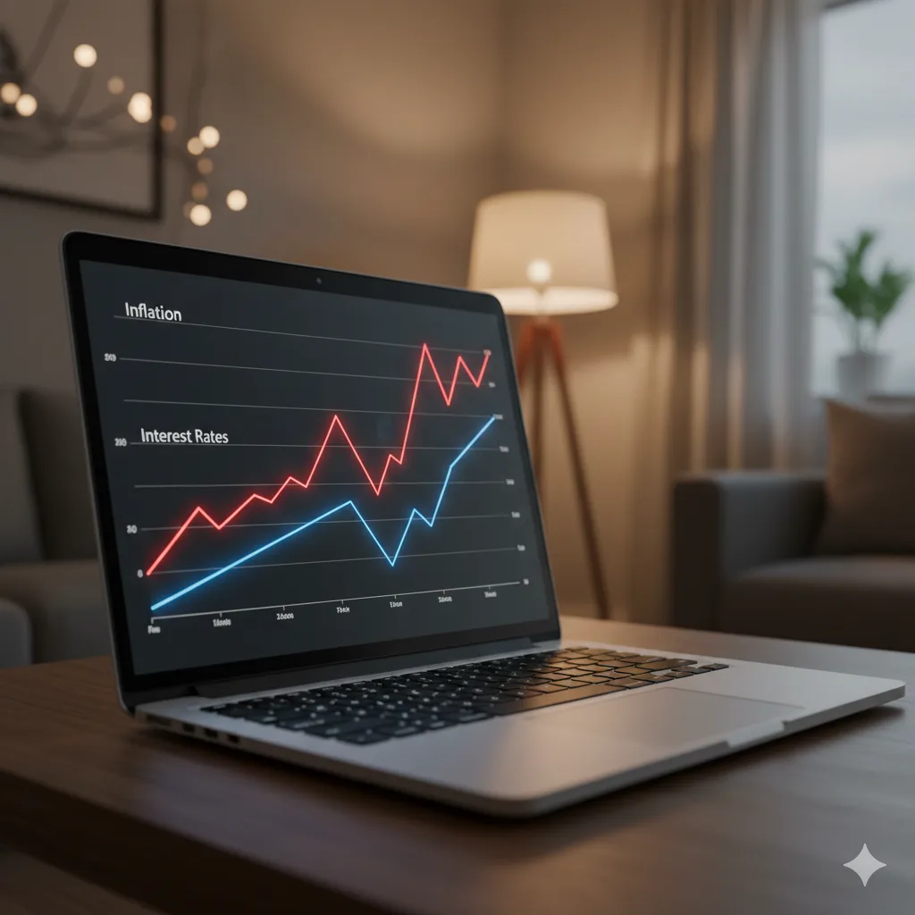 Gráfico de barras comparando inflación vs tasa de interés en una pantalla de laptop