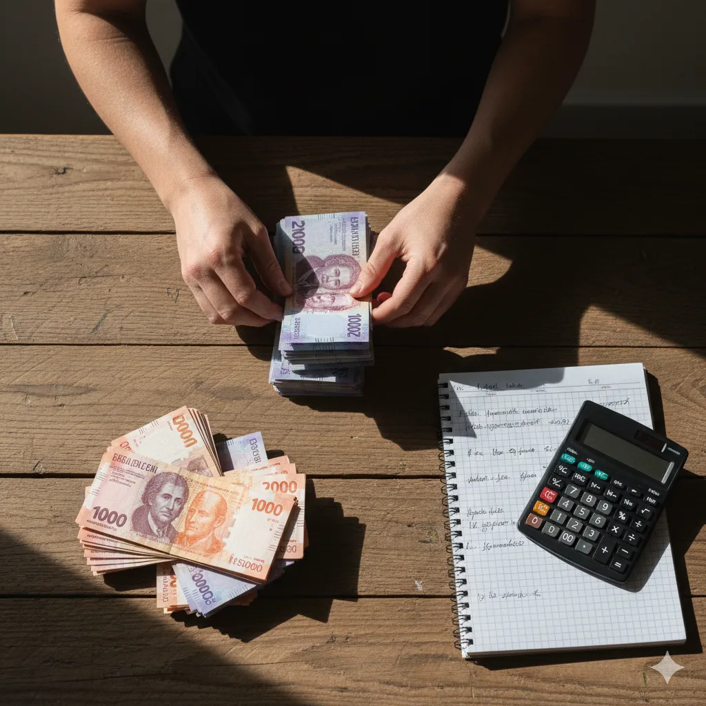 Billetera vieja con pocos billetes y una calculadora sobre una mesa de madera