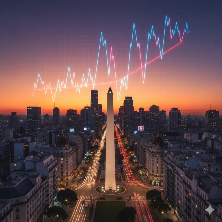 Gráfico de cotización financiera sobre fondo de ciudad de Buenos Aires