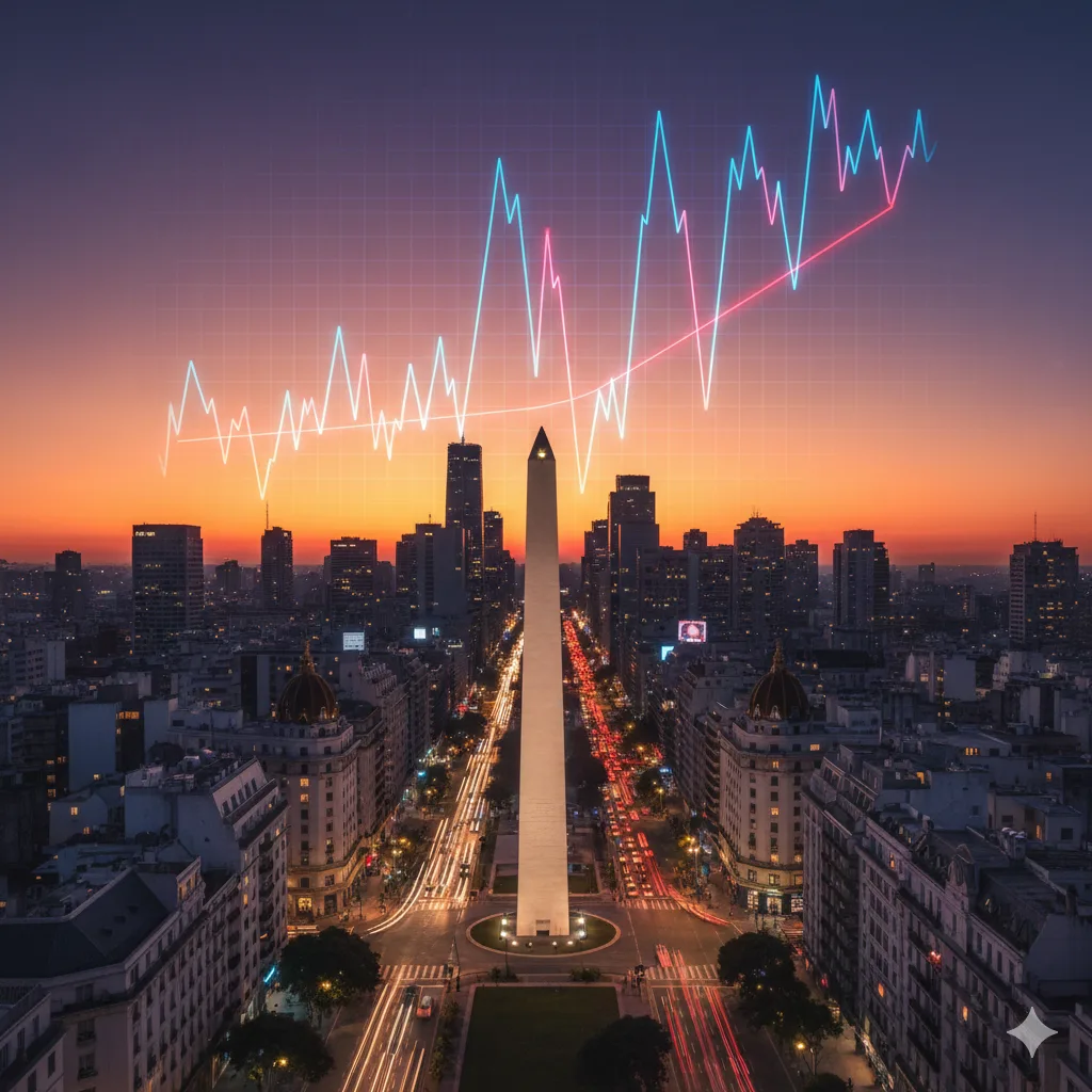 Gráfico de cotización financiera sobre fondo de ciudad de Buenos Aires