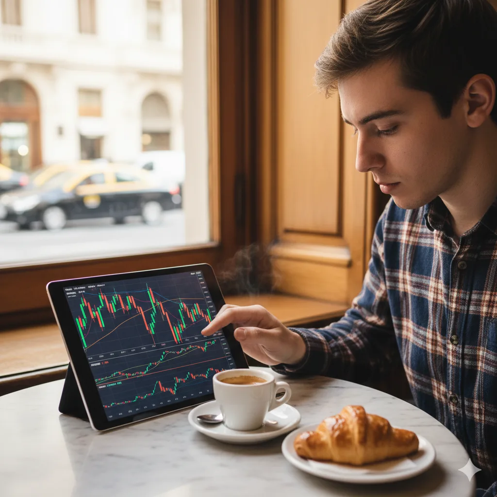 Inversor analizando datos en una tablet en un café de Buenos Aires