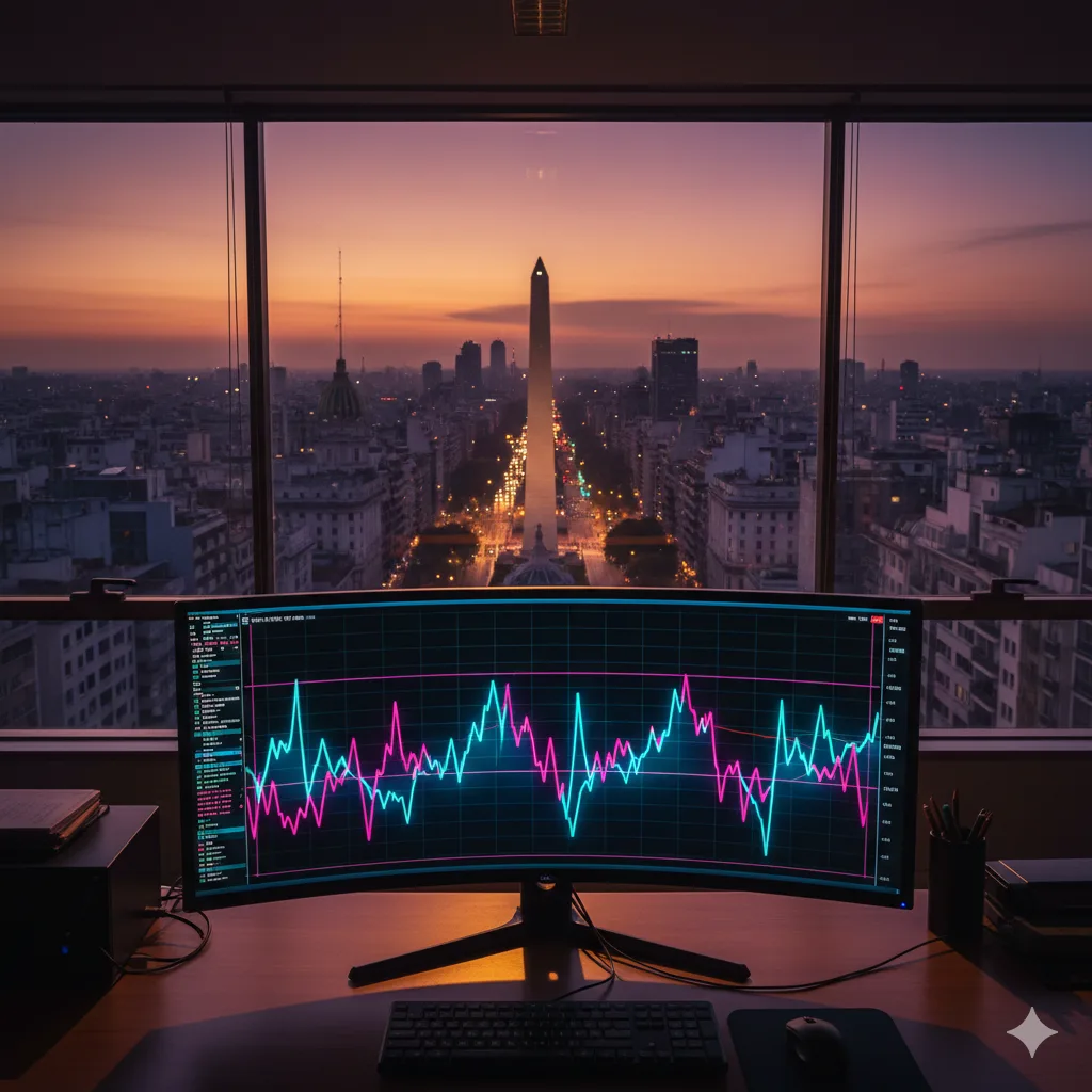 Gráfico de riesgo país en pantalla de trading con silueta de Buenos Aires