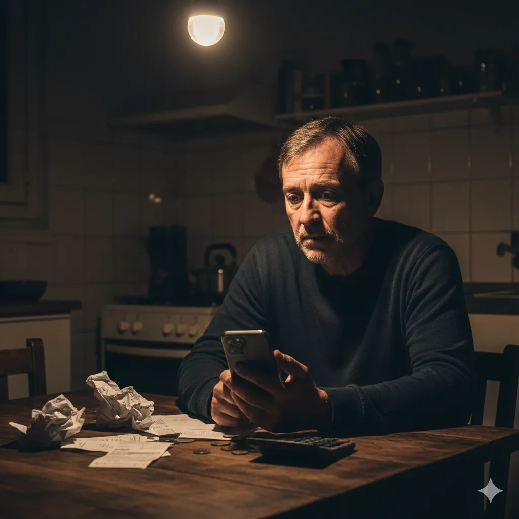Persona preocupada mirando facturas y el celular en una cocina