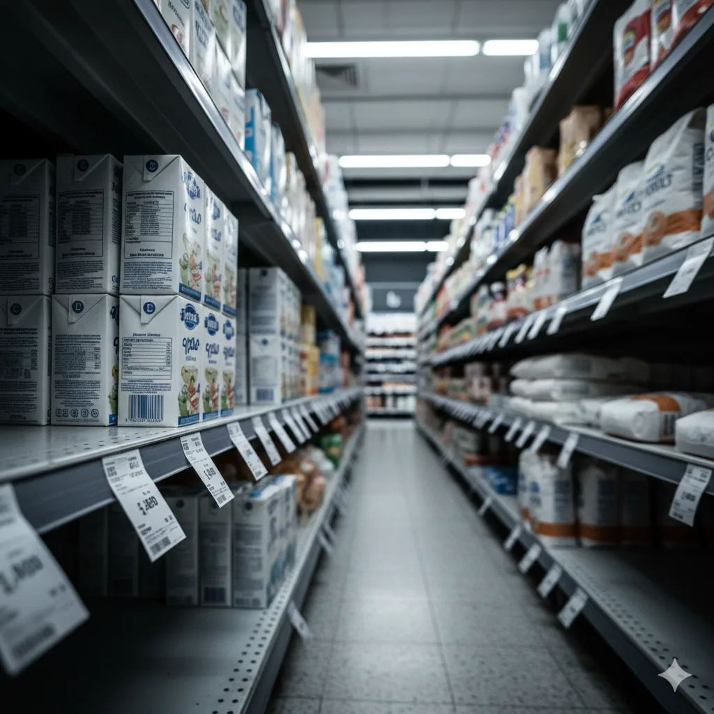 Estantería de supermercado con etiquetas de precios borrosas