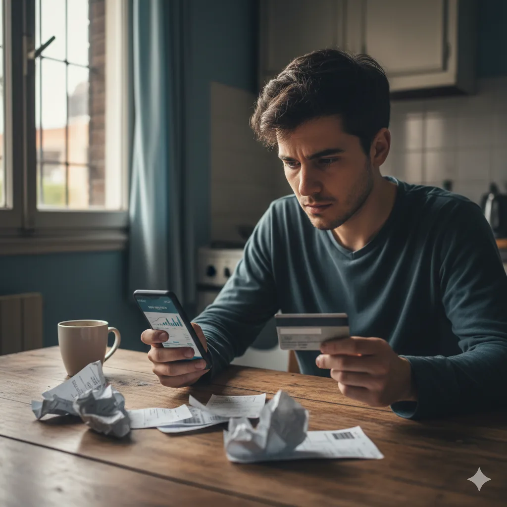 Persona mirando el celular con preocupación mientras sostiene una tarjeta de crédito