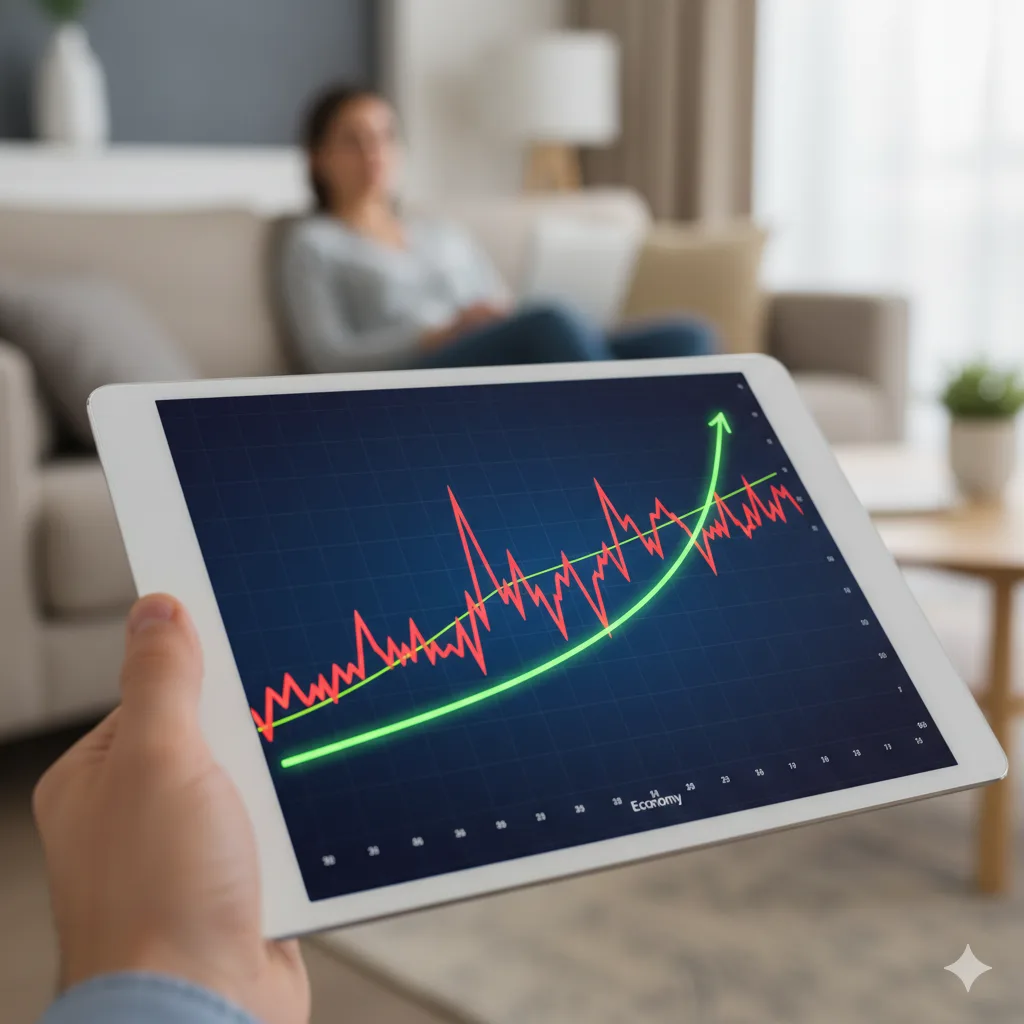 Gráfico simple en una tablet mostrando una línea ascendente y una descendente que se cruzan