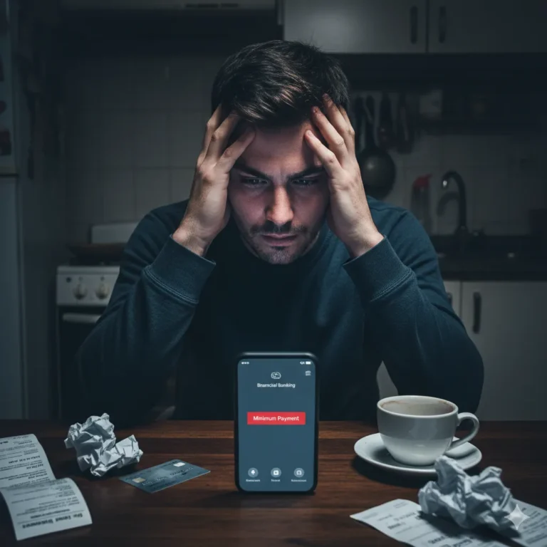 Persona preocupada mirando su celular con un resumen de tarjeta de crédito