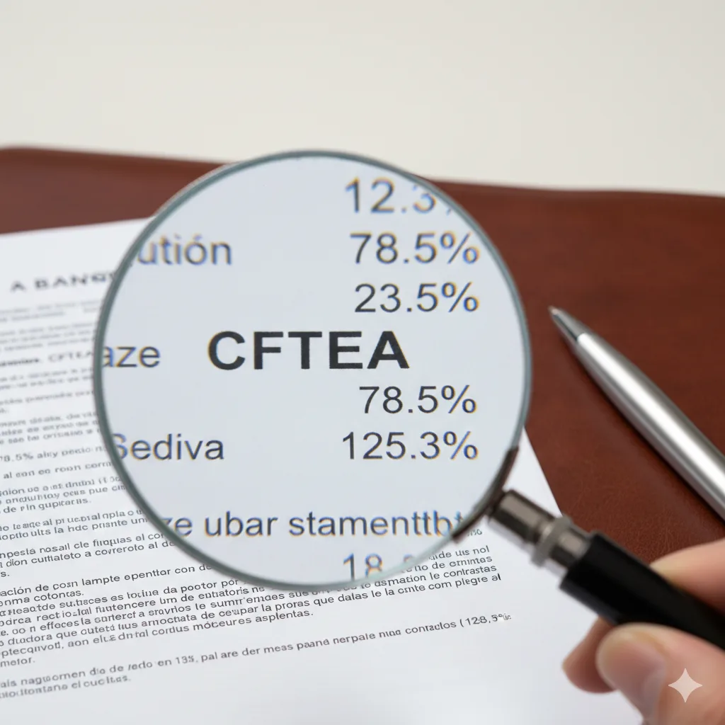 Primer plano de un contrato bancario con una lupa enfocando el texto pequeño del CFTEA