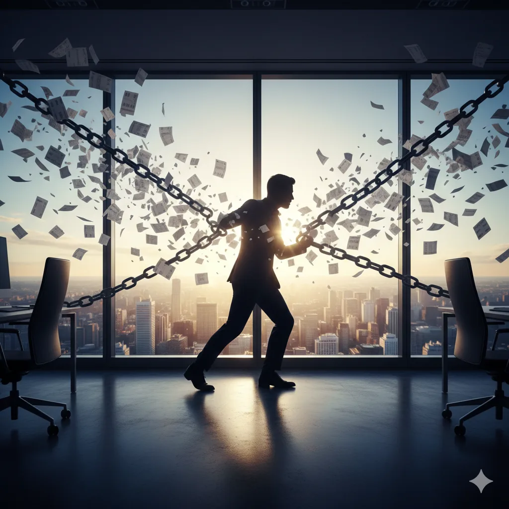 Ilustración conceptual de una persona rompiendo cadenas hechas de recibos de sueldo