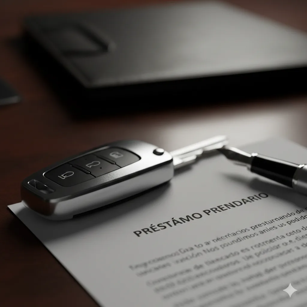 Primer plano de un contrato de préstamo y una llave de auto sobre un escritorio de madera