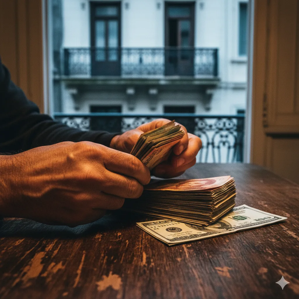 Manos contando billetes de pesos argentinos y dólares
