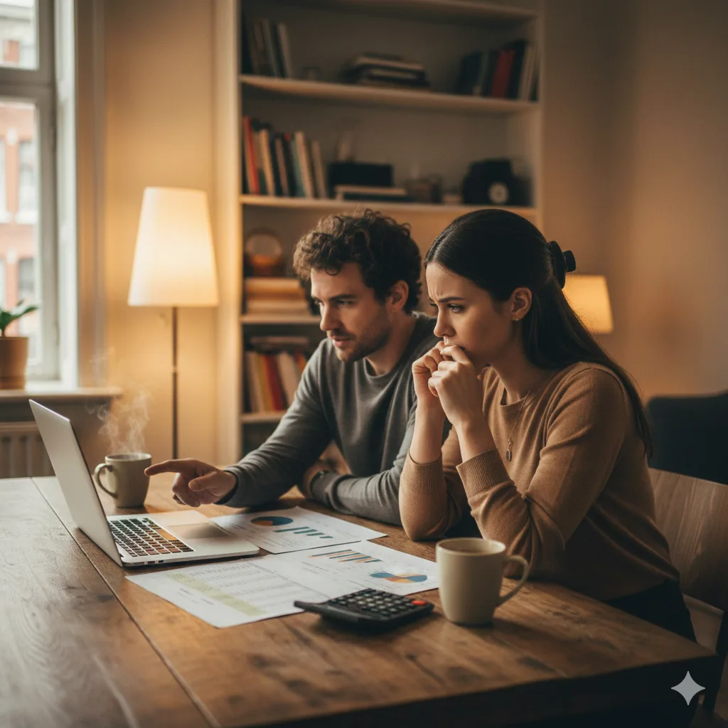 Pareja analizando papeles y una computadora en una mesa