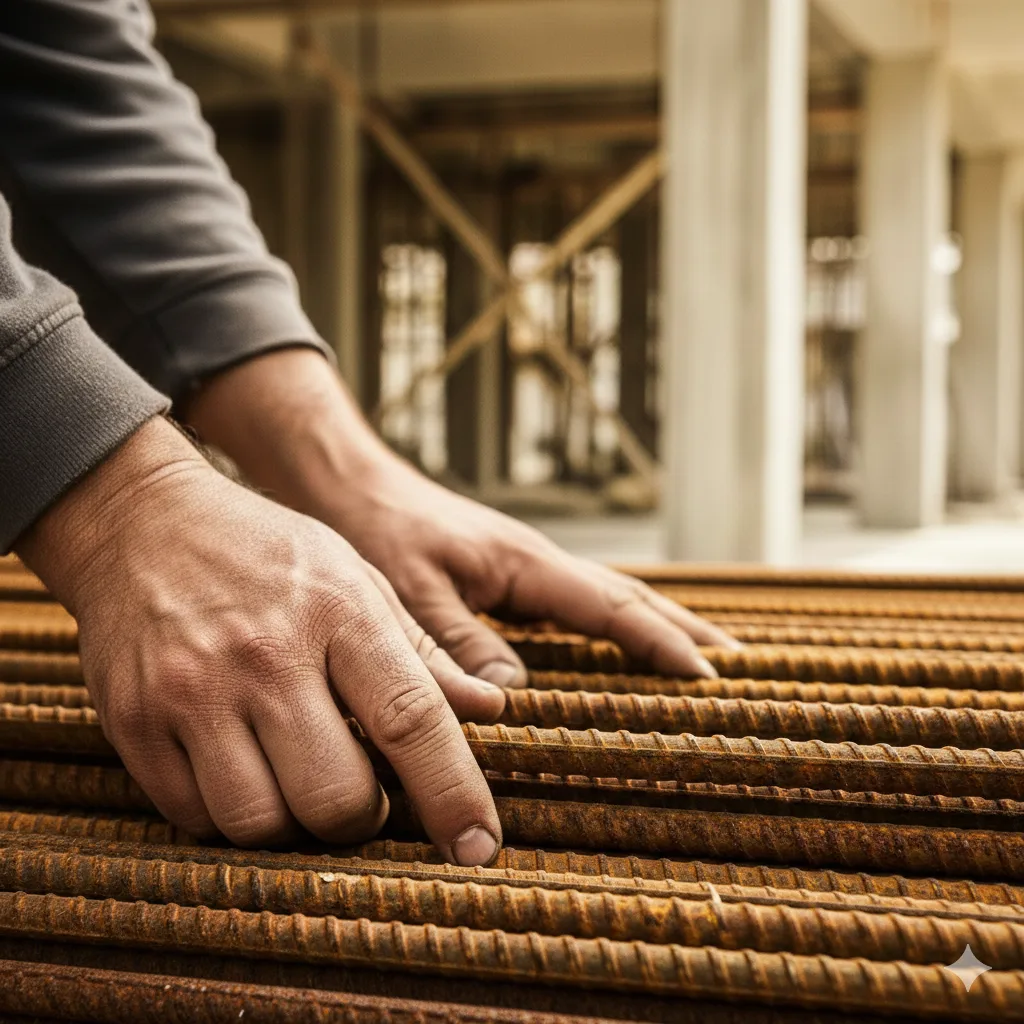 Primer plano de manos midiendo hierros de construcción