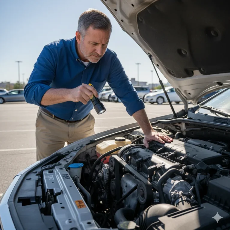 Hombre inspeccionando motor de auto usado