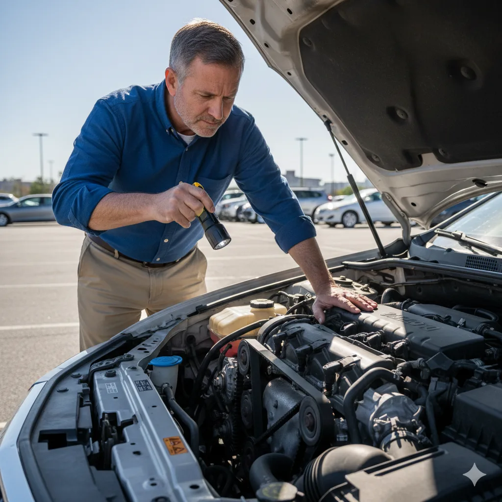 Hombre inspeccionando motor de auto usado