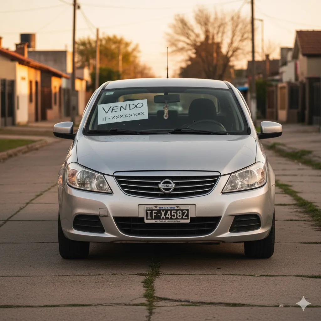 Auto usado en exhibición con cartel de venta