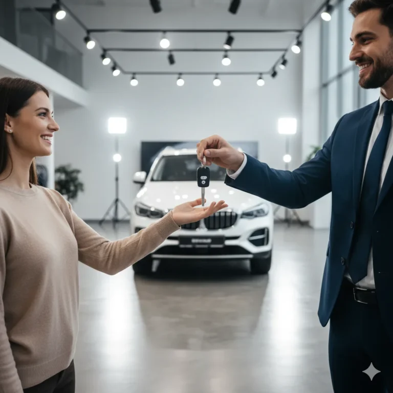 Vendedor de autos entregando llaves en concesionaria