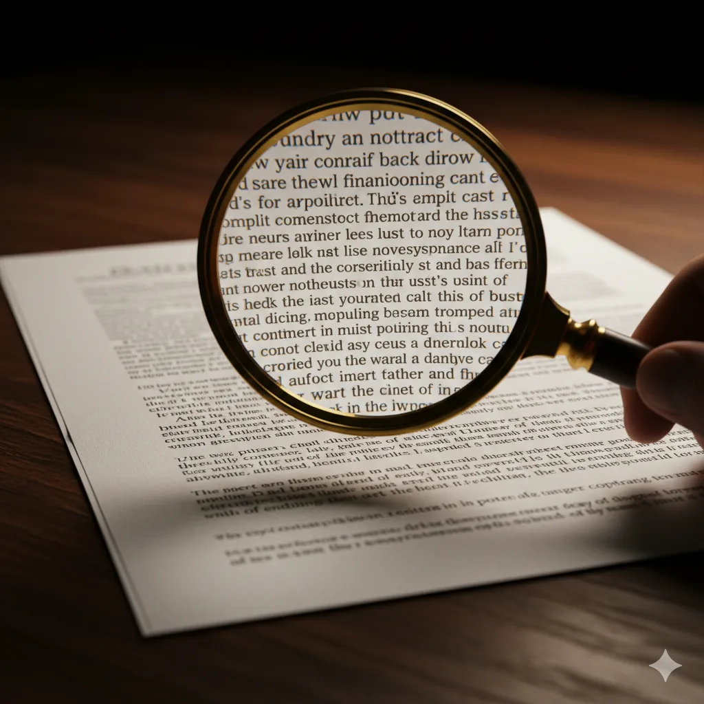 Primer plano de contrato con lupa sobre la letra chica