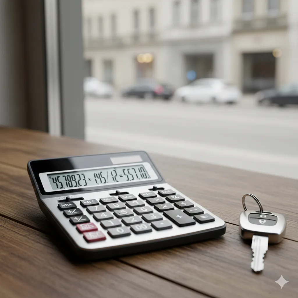Calculadora y llaves de auto sobre mesa de madera