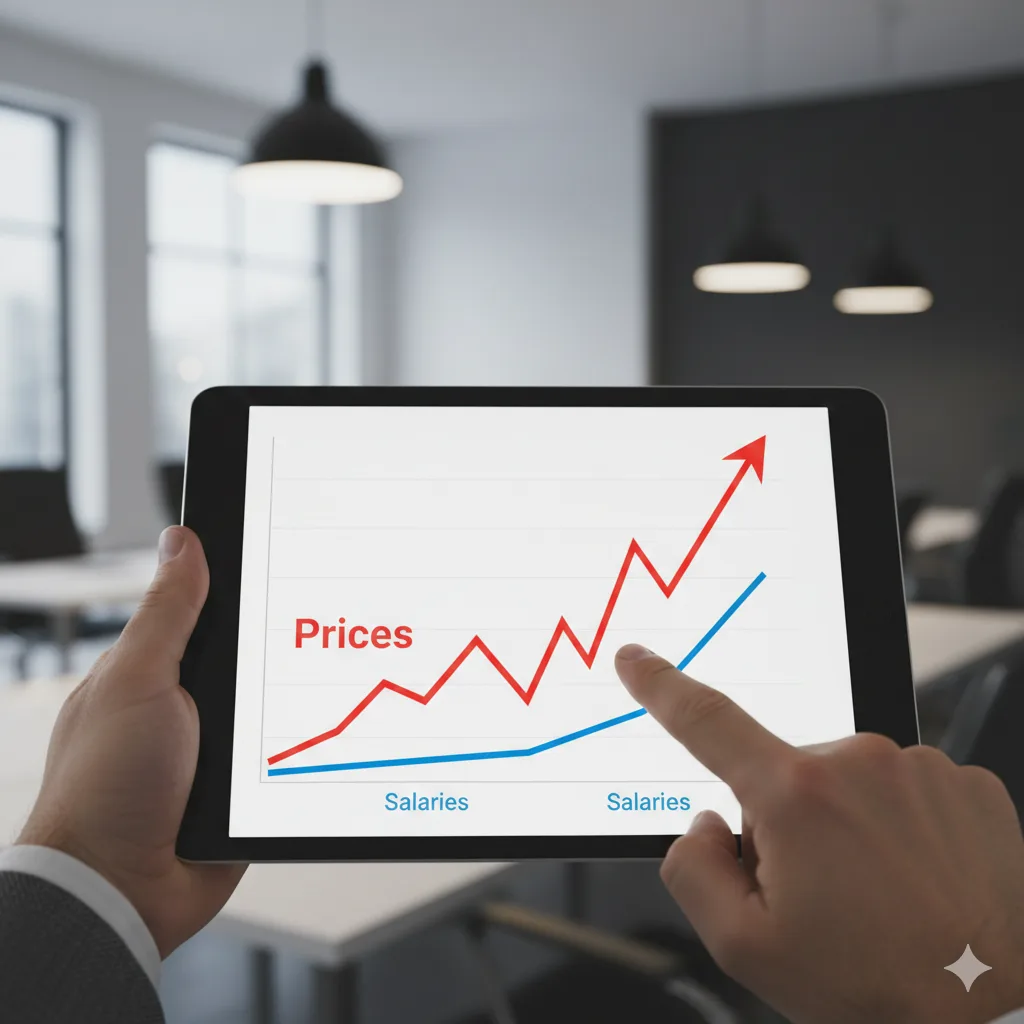 Gráfico de barras comparando inflación y salarios en una tablet