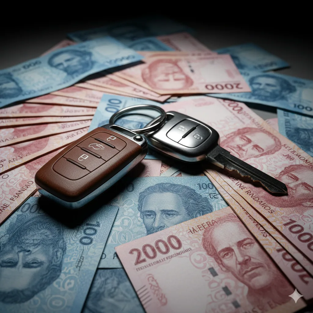 Llaves de auto sobre un montón de billetes de pesos argentinos devaluados