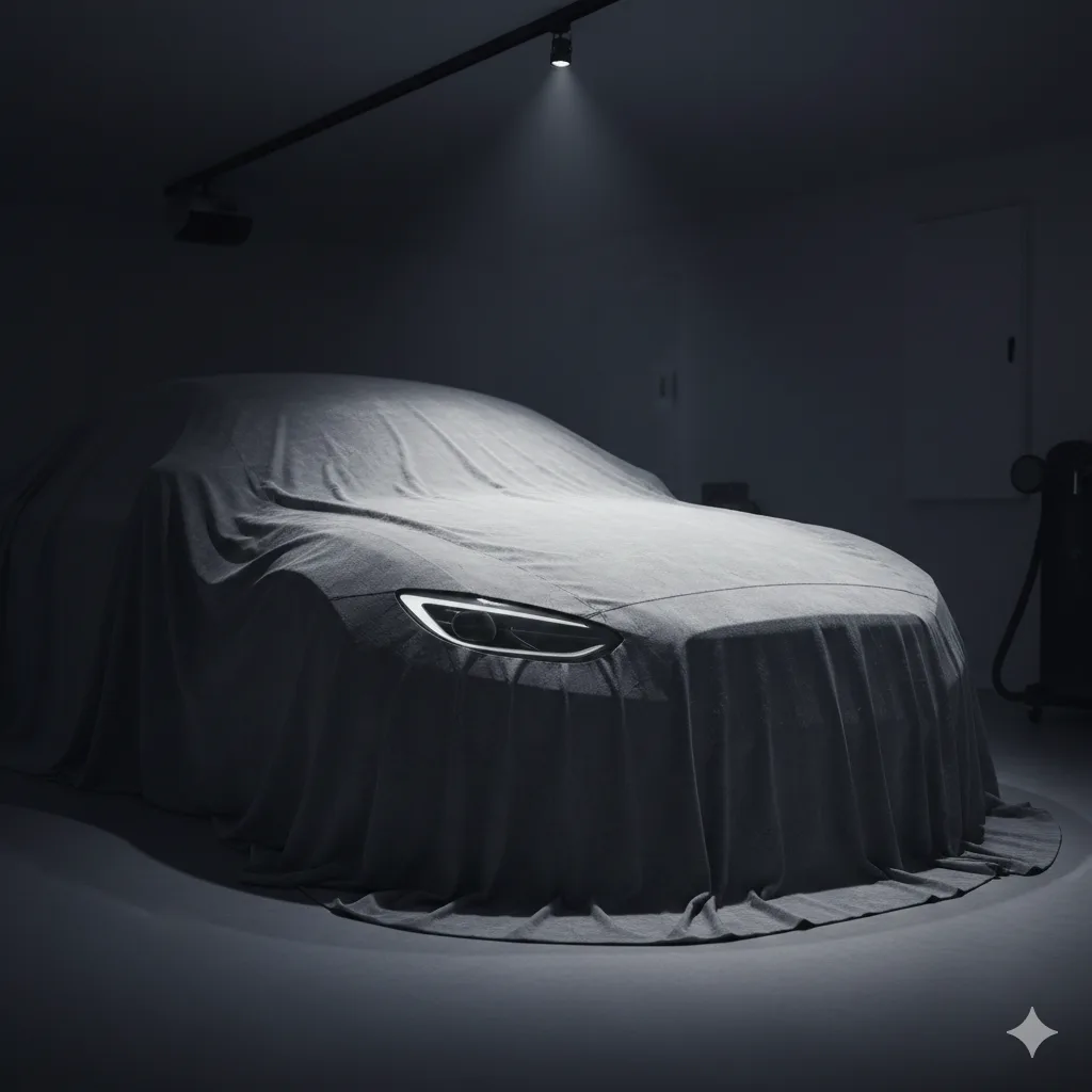 Auto de lujo bajo una sábana en un garage