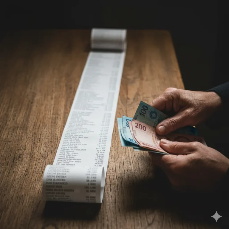 Primer plano de un ticket de supermercado largo y manos contando billetes