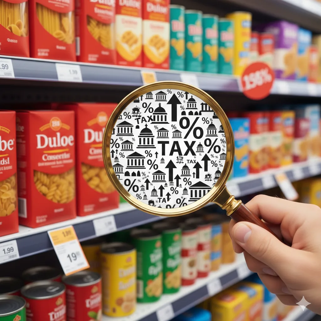 Góndola de supermercado con precios borrosos y una lupa