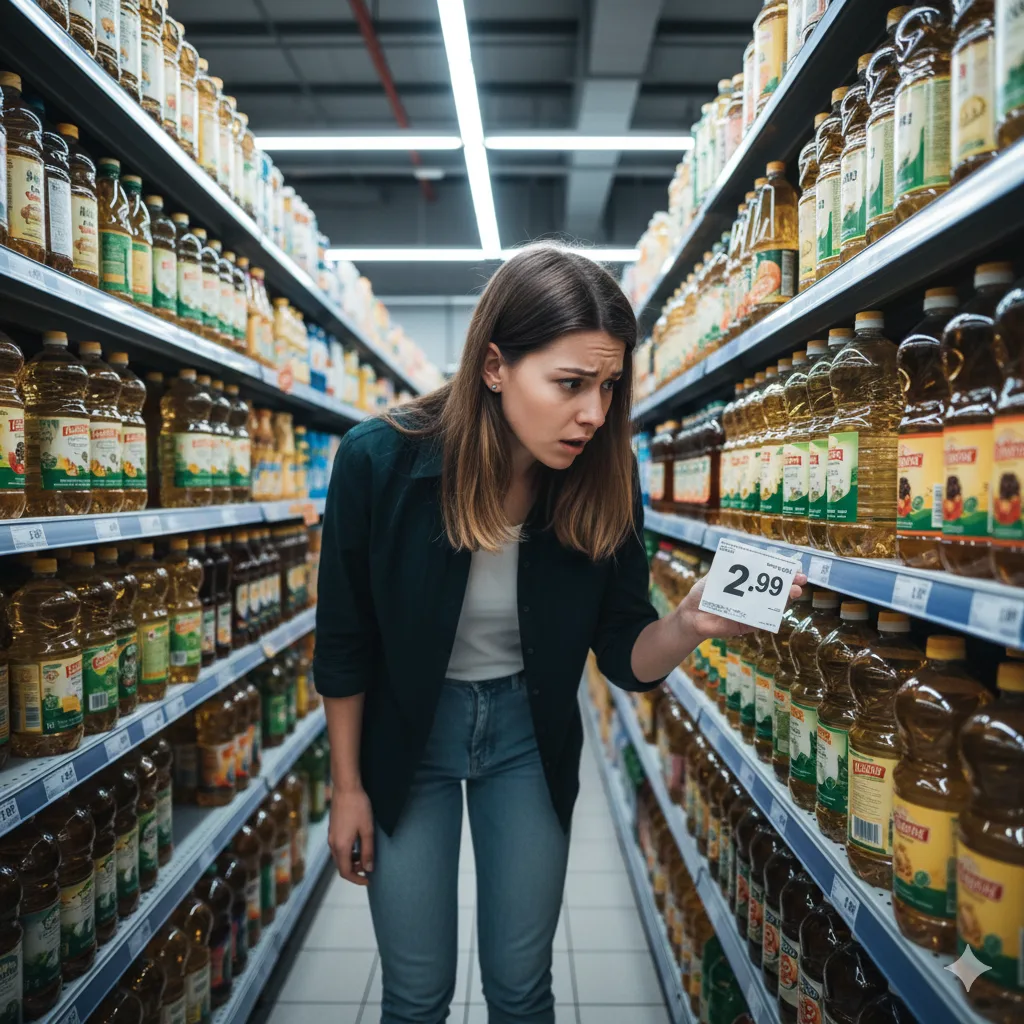 Chica joven mirando con asombro una góndola de aceites