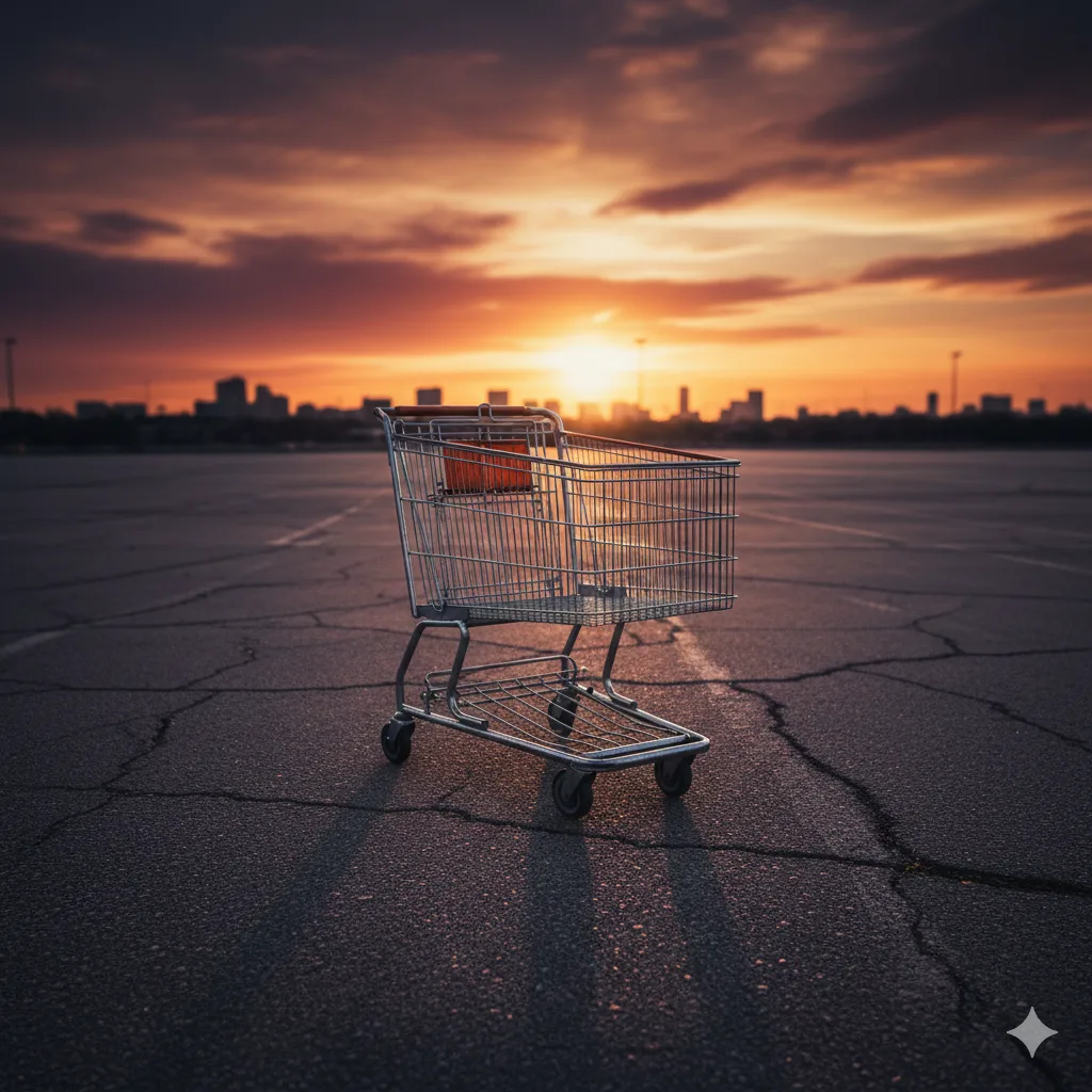 Carrito de compras vacío en un estacionamiento vacío al atardecer