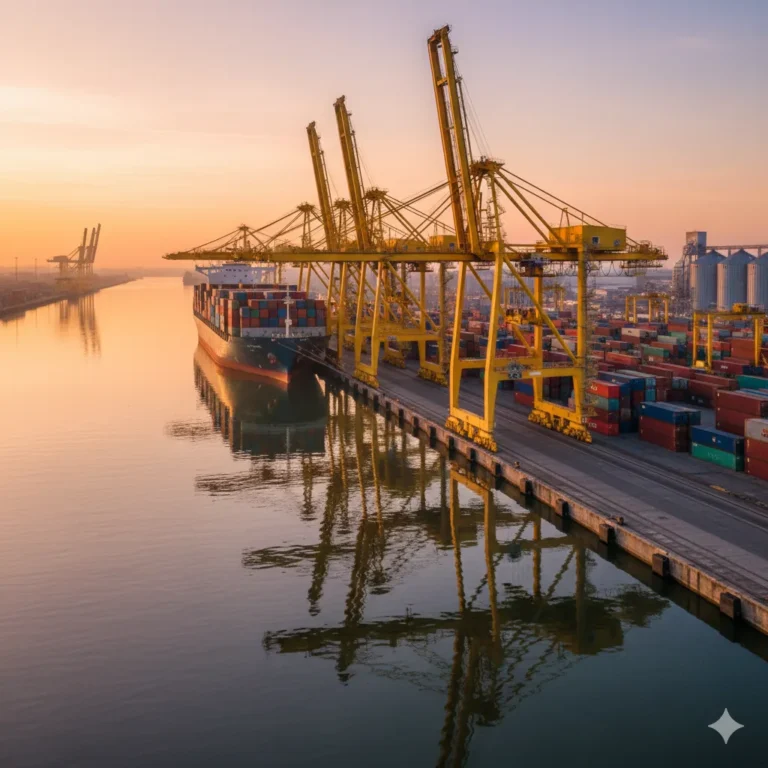 Puerto de carga con contenedores y barcos