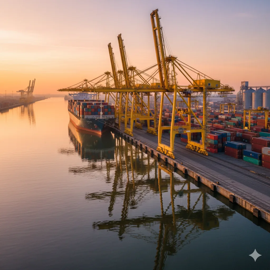 Puerto de carga con contenedores y barcos