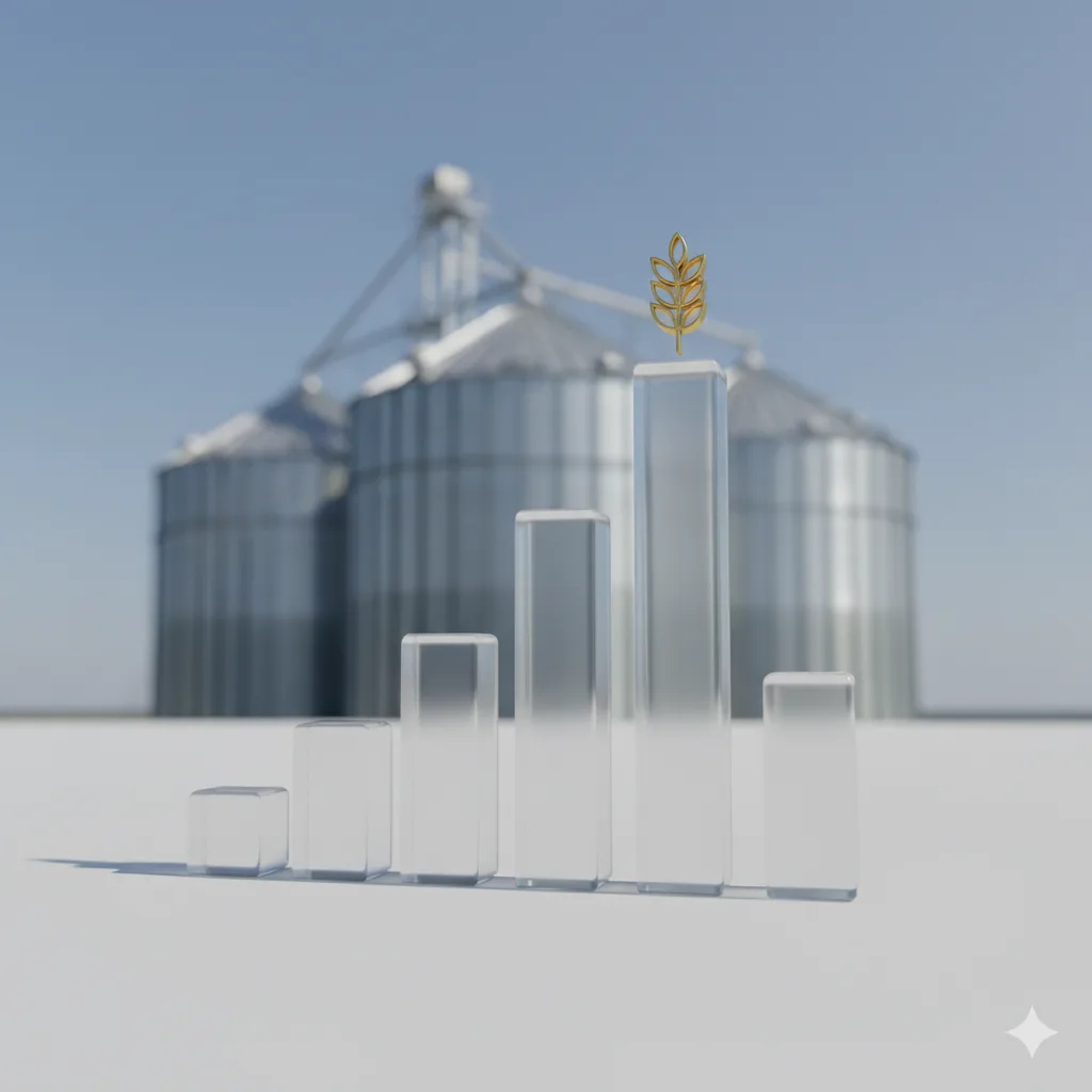 Gráfico de recaudación estatal y silos de granos