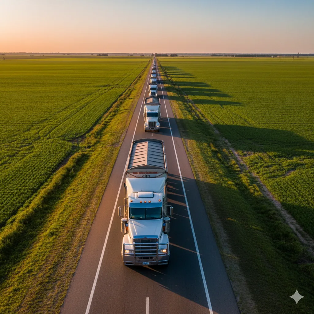 Camiones de transporte de granos en una ruta argentina