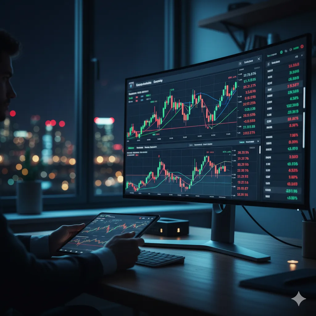 Pantalla con gráficos financieros del dólar y flechas