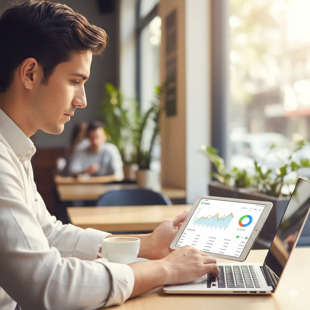 Persona revisando gráficos en una tablet en un café
