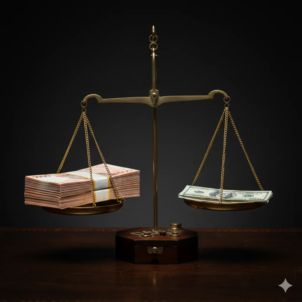 Ilustración de una balanza antigua equilibrando pesos y dólares
